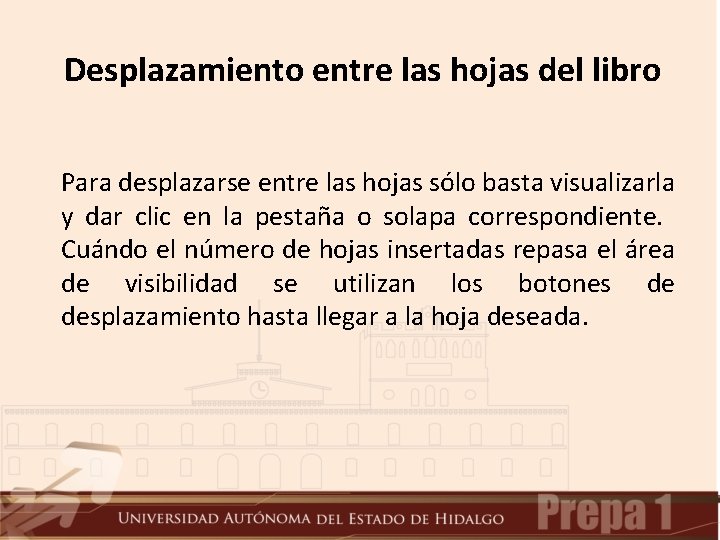 Desplazamiento entre las hojas del libro Para desplazarse entre las hojas sólo basta visualizarla