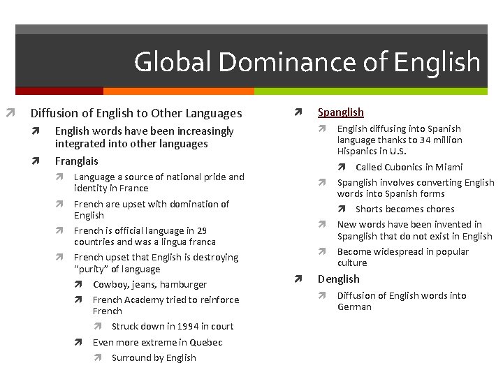 Global Dominance of English Diffusion of English to Other Languages English words have been