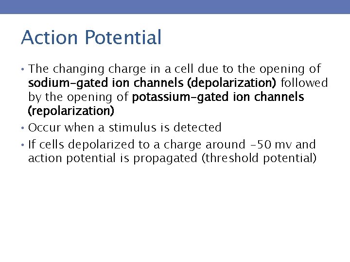 Action Potential • The changing charge in a cell due to the opening of
