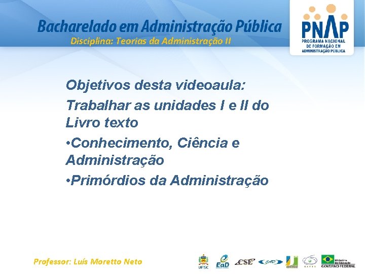 Disciplina: Teorias da Administração II Objetivos desta videoaula: Trabalhar as unidades I e II