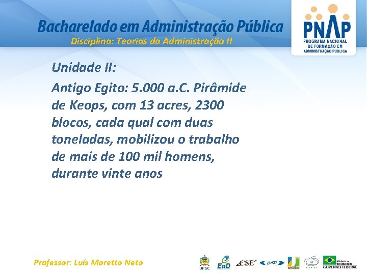 Disciplina: Teorias da Administração II Unidade II: Antigo Egito: 5. 000 a. C. Pirâmide