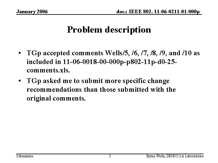 January 2006 doc. : IEEE 802. 11 -06 -0211 -01 -000 p Problem description