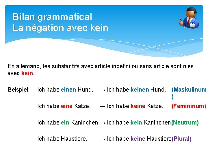 Bilan grammatical La négation avec kein En allemand, les substantifs avec article indéfini ou