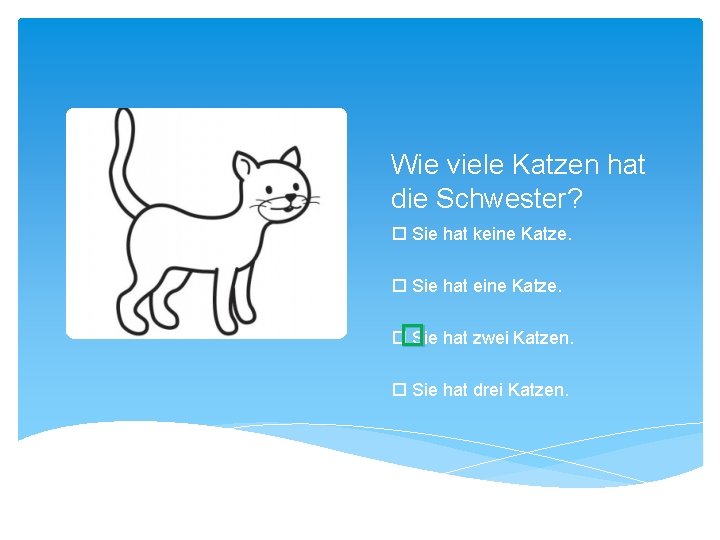 Wie viele Katzen hat die Schwester? Sie hat keine Katze. Sie hat eine Katze.