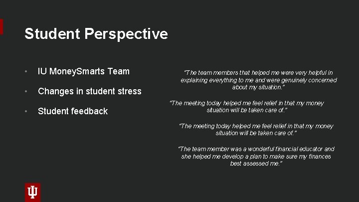Student Perspective • IU Money. Smarts Team • Changes in student stress • Student