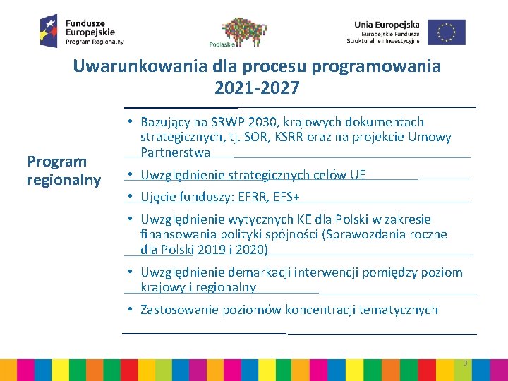 Uwarunkowania dla procesu programowania 2021 -2027 Program regionalny • Bazujący na SRWP 2030, krajowych