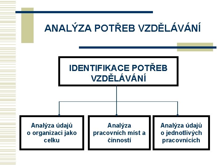 ANALÝZA POTŘEB VZDĚLÁVÁNÍ IDENTIFIKACE POTŘEB VZDĚLÁVÁNÍ Analýza údajů o organizaci jako celku Analýza pracovních