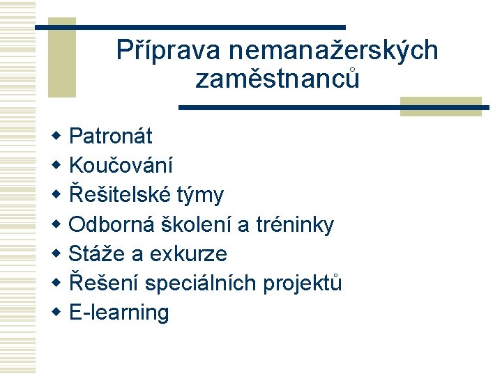 Příprava nemanažerských zaměstnanců w Patronát w Koučování w Řešitelské týmy w Odborná školení a