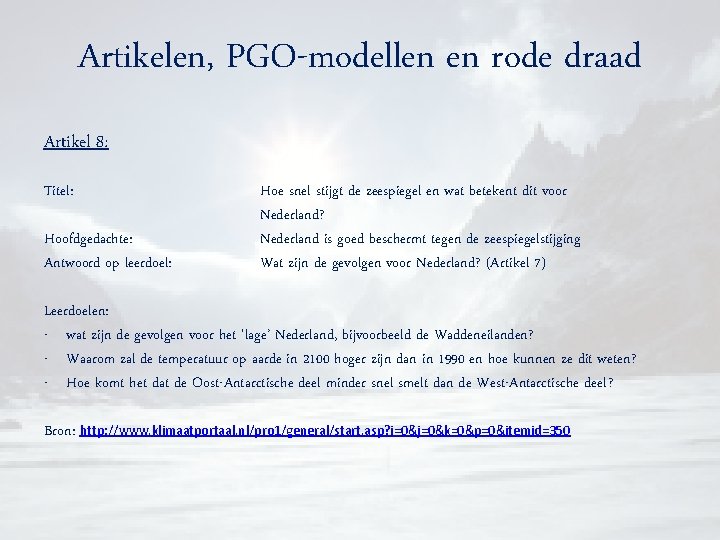 Artikelen, PGO-modellen en rode draad Artikel 8: Titel: Hoofdgedachte: Antwoord op leerdoel: Hoe snel