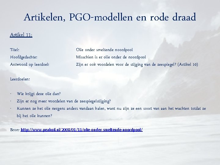 Artikelen, PGO-modellen en rode draad Artikel 11: Titel: Hoofdgedachte: Antwoord op leerdoel: Olie onder