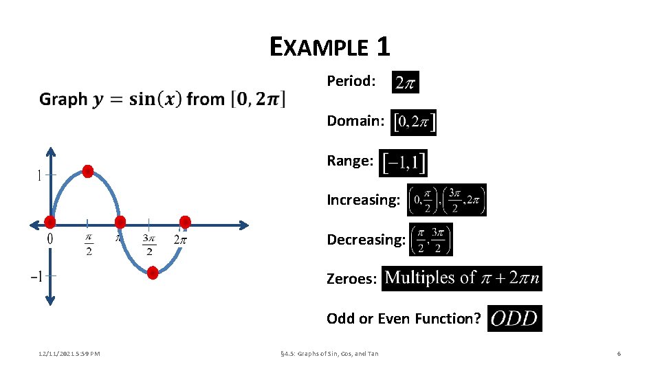 EXAMPLE 1 Period: Domain: Range: Increasing: Decreasing: Zeroes: Odd or Even Function? 12/11/2021 5: