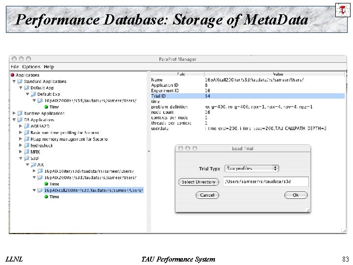 Performance Database: Storage of Meta. Data LLNL TAU Performance System 83 