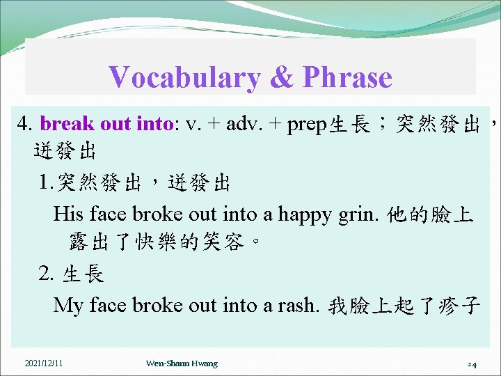 Vocabulary & Phrase 4. break out into: v. + adv. + prep生長；突然發出， 迸發出 1.