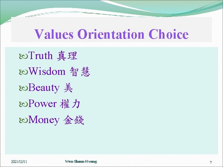 Values Orientation Choice Truth 真理 Wisdom 智慧 Beauty 美 Power 權力 Money 金錢 2021/12/11