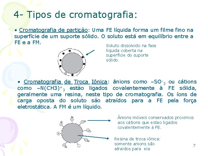 4 - Tipos de cromatografia: • Cromatografia de partição: Uma FE líquida forma um