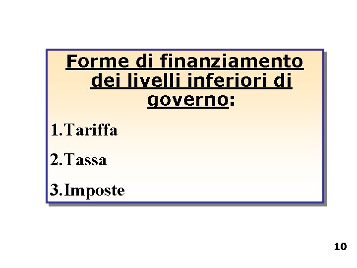 Forme di finanziamento dei livelli inferiori di governo: 1. Tariffa 2. Tassa 3. Imposte