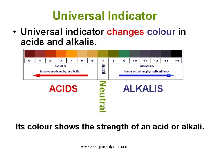 Universal Indicator • Universal indicator changes colour in acids and alkalis. Neutral ACIDS ALKALIS