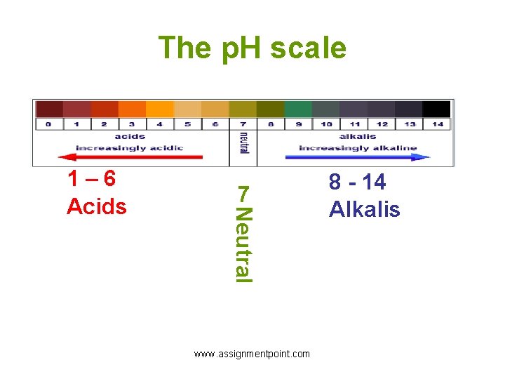 The p. H scale 7 Neutral 1– 6 Acids www. assignmentpoint. com 8 -