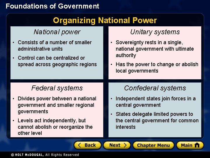 Foundations of Government Organizing National Power National power • Consists of a number of