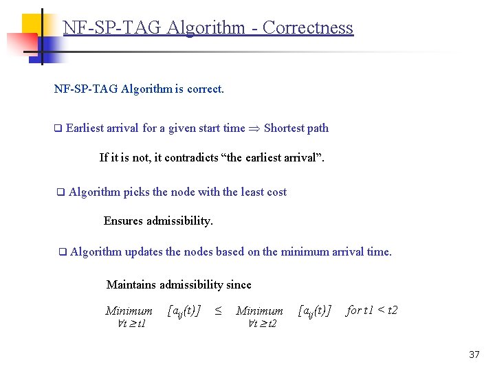 NF-SP-TAG Algorithm - Correctness NF-SP-TAG Algorithm is correct. q Earliest arrival for a given