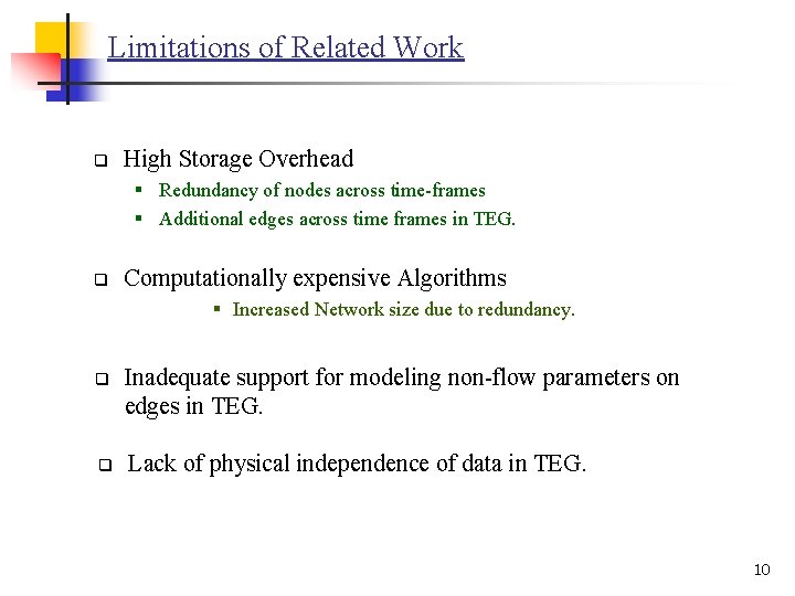 Limitations of Related Work q High Storage Overhead § Redundancy of nodes across time-frames