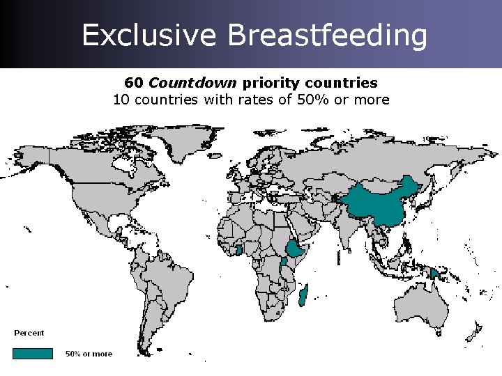 Exclusive Breastfeeding 60 Countdown priority countries 10 countries with rates of 50% or more