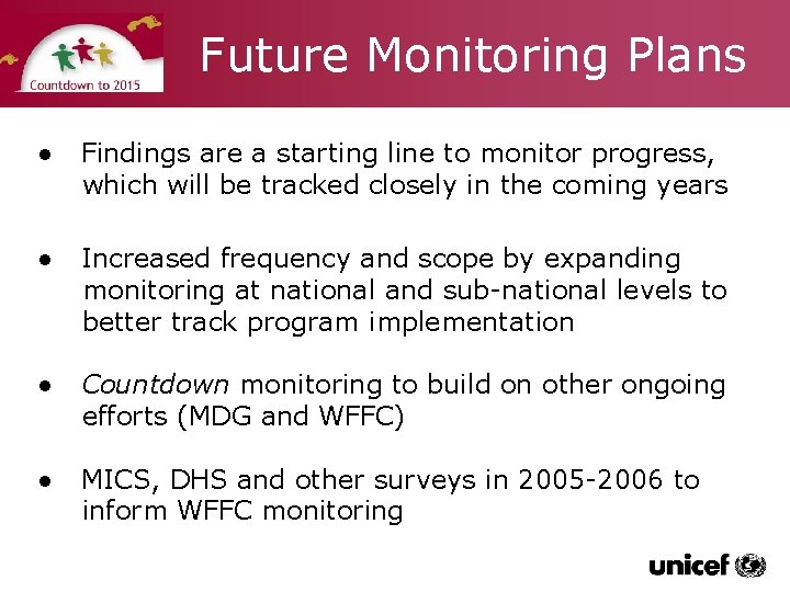 Future Monitoring Plans ● Findings are a starting line to monitor progress, which will