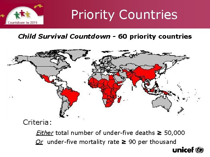 Priority Countries Child Survival Countdown - 60 priority countries Criteria: Either total number of