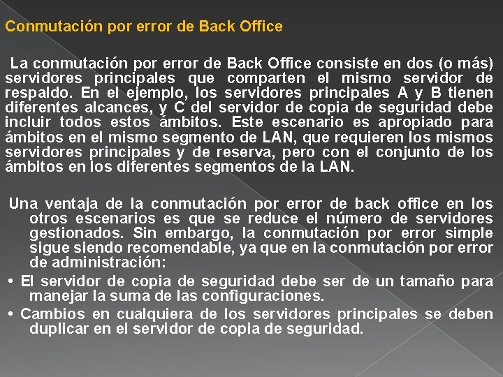 Conmutación por error de Back Office La conmutación por error de Back Office consiste