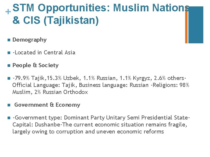 STM Opportunities: Muslim Nations + & CIS (Tajikistan) n Demography n -Located in Central