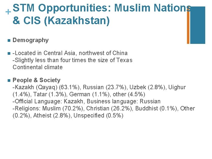 STM Opportunities: Muslim Nations + & CIS (Kazakhstan) n Demography n -Located in Central