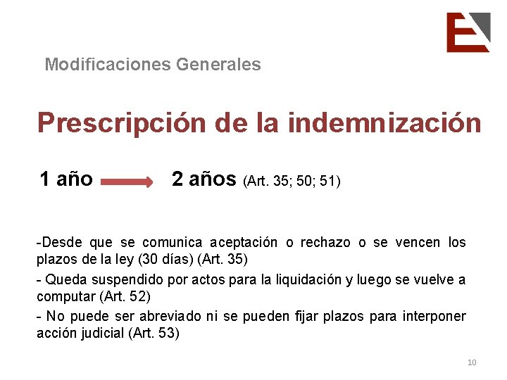 Modificaciones Generales Prescripción de la indemnización 1 año 2 años (Art. 35; 50; 51)