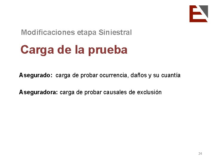 Modificaciones etapa Siniestral Carga de la prueba Asegurado: carga de probar ocurrencia, daños y