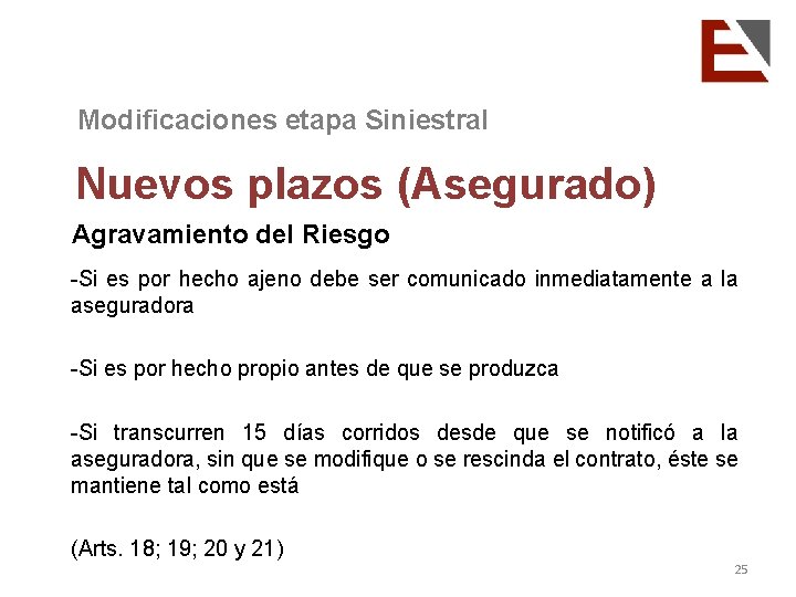 Modificaciones etapa Siniestral Nuevos plazos (Asegurado) Agravamiento del Riesgo -Si es por hecho ajeno