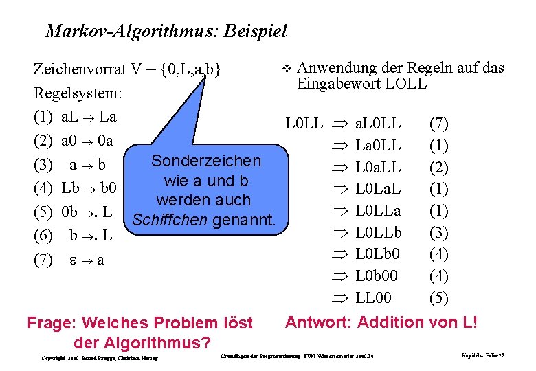 Markov-Algorithmus: Beispiel Anwendung der Regeln auf das Zeichenvorrat V = {0, L, a, b}