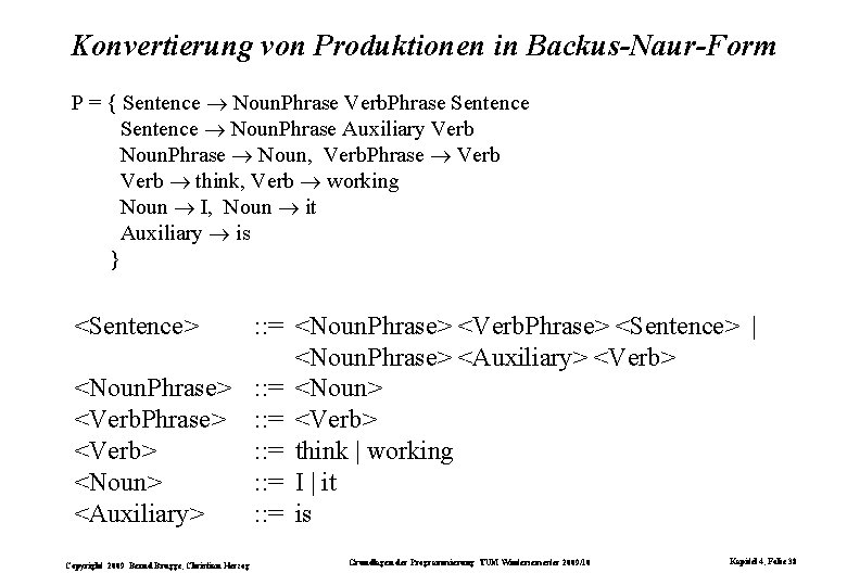Konvertierung von Produktionen in Backus-Naur-Form P = { Sentence Noun. Phrase Verb. Phrase Sentence