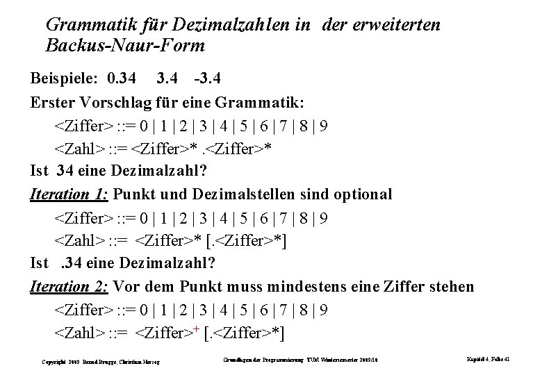 Grammatik für Dezimalzahlen in der erweiterten Backus-Naur-Form Beispiele: 0. 34 3. 4 -3. 4