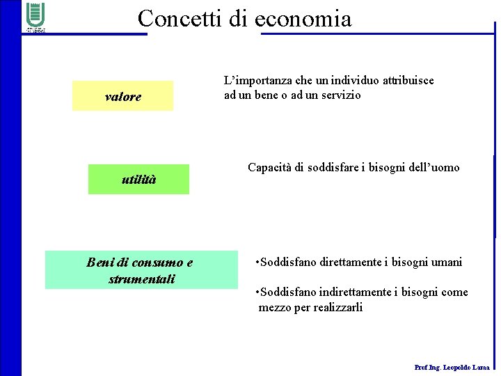 Concetti di economia valore utilità Beni di consumo e strumentali L’importanza che un individuo