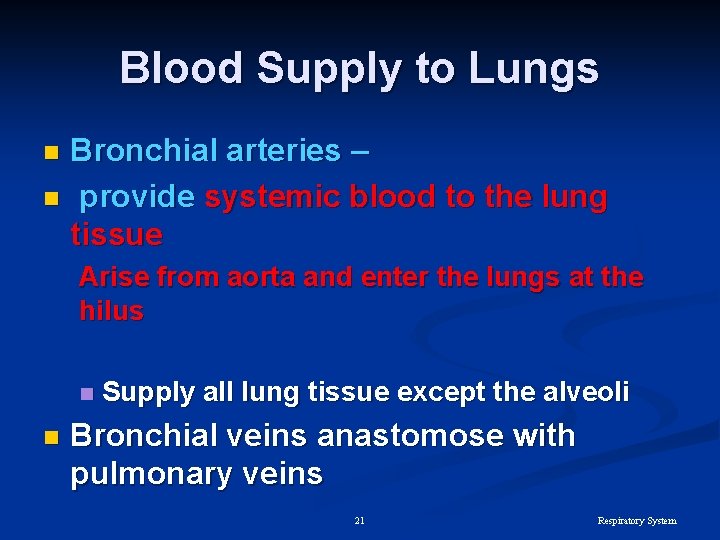 Blood Supply to Lungs Bronchial arteries – n provide systemic blood to the lung