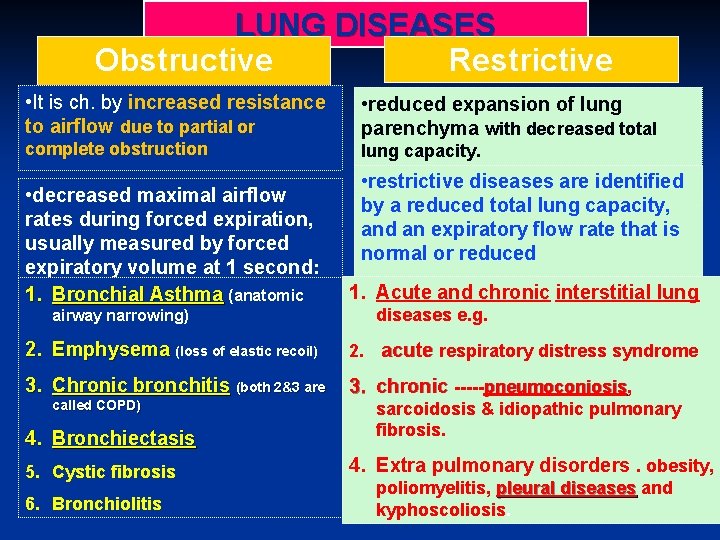 LUNG DISEASES Obstructive Restrictive • It is ch. by Disease increased resistance • reduced
