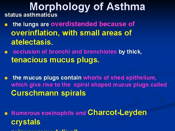 Morphology of Asthma status asthmaticus n the lungs are overdistended because of overinflation, with