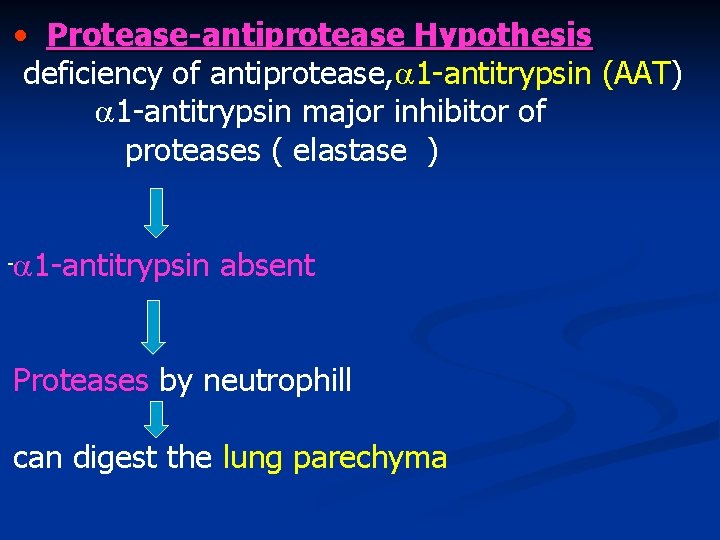  • Protease-antiprotease Hypothesis deficiency of antiprotease, 1 -antitrypsin (AAT) 1 -antitrypsin major inhibitor