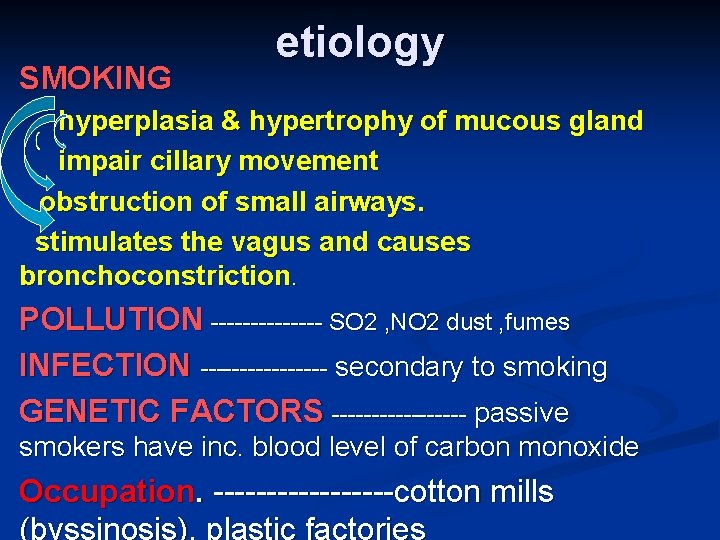 SMOKING etiology hyperplasia & hypertrophy of mucous gland impair cillary movement obstruction of small