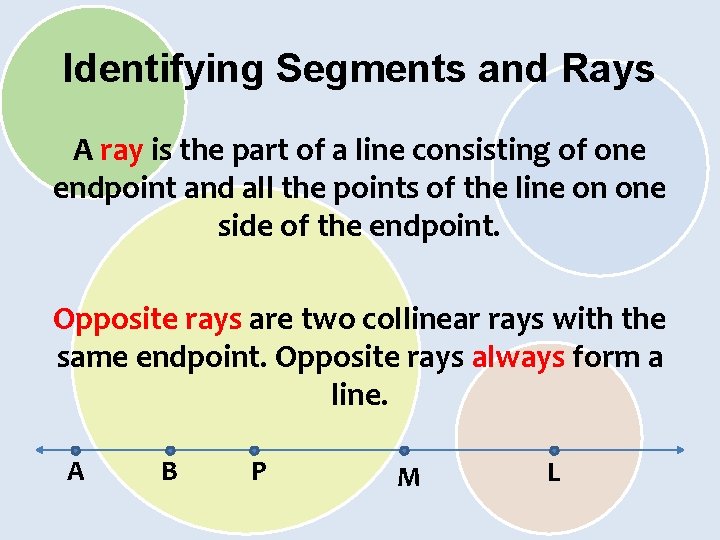 Identifying Segments and Rays A ray is the part of a line consisting of