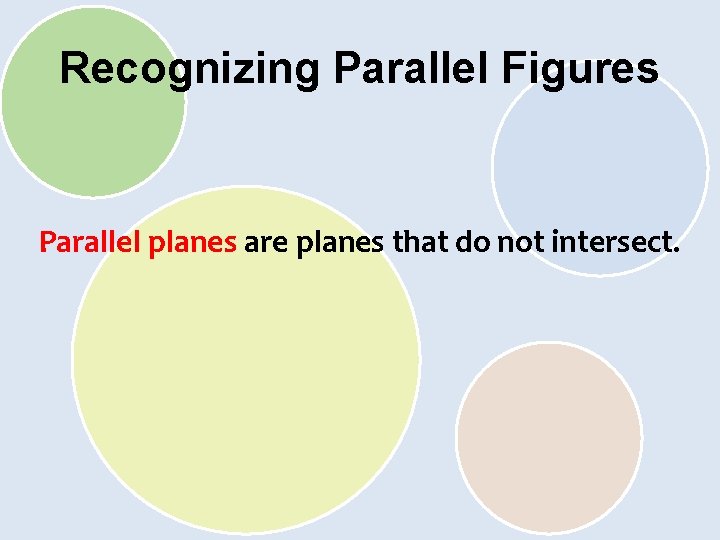 Recognizing Parallel Figures Parallel planes are planes that do not intersect. 