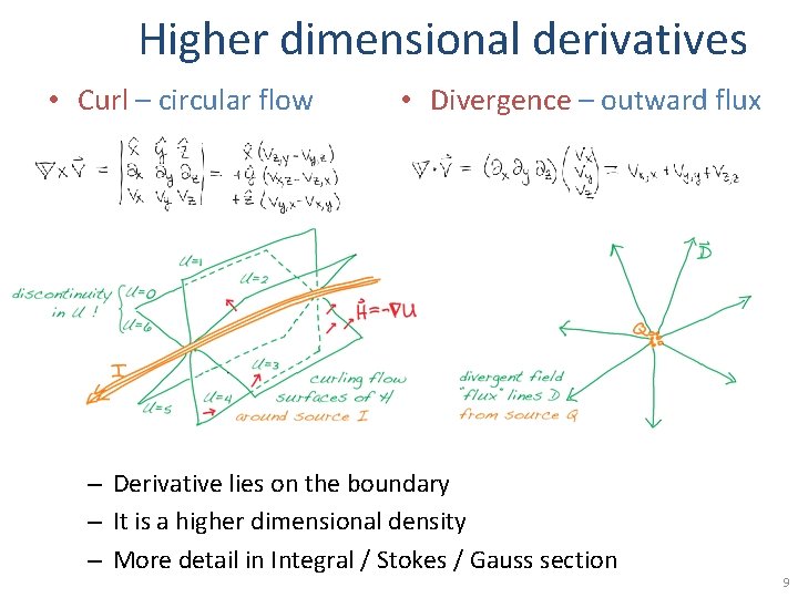 Higher dimensional derivatives • Curl – circular flow • Divergence – outward flux –