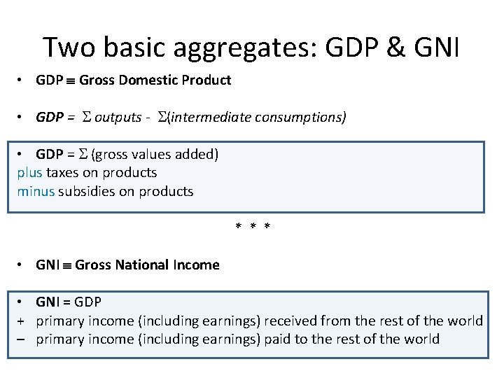 Two basic aggregates: GDP & GNI • GDP Gross Domestic Product • GDP =