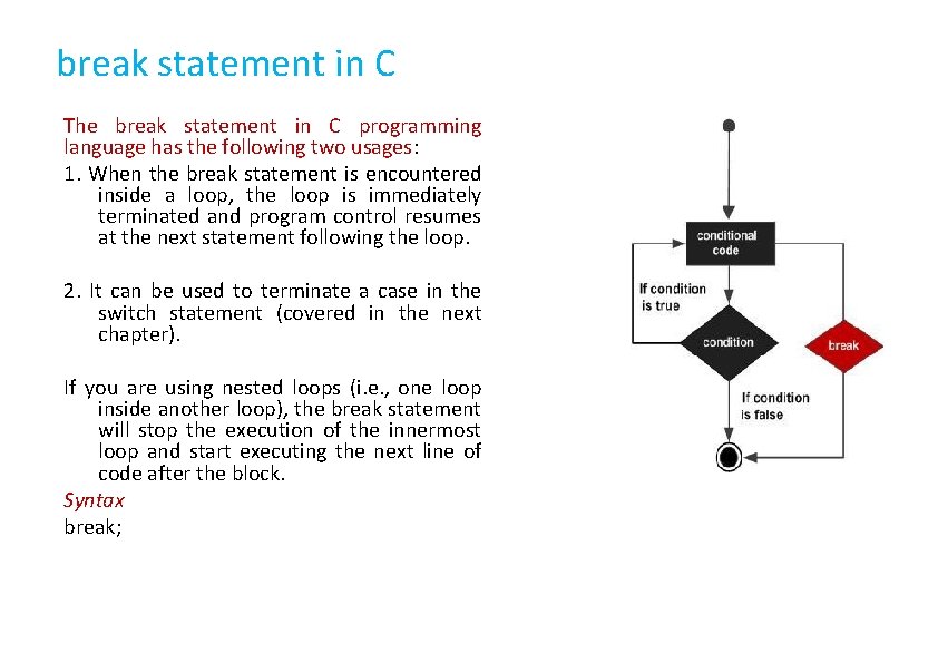 break statement in C The break statement in C programming language has the following