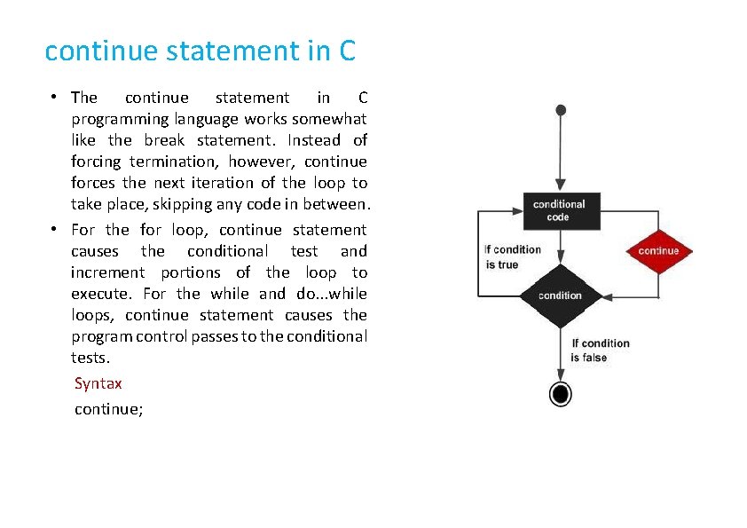 continue statement in C • The continue statement in C programming language works somewhat