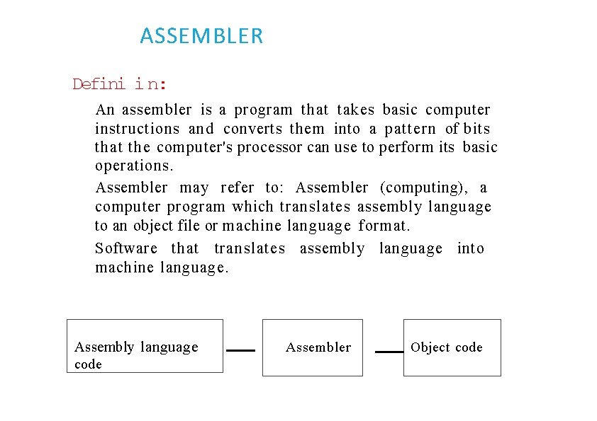 ASSEMBLER Defini i n: An assembler is a program that takes basic computer instructions